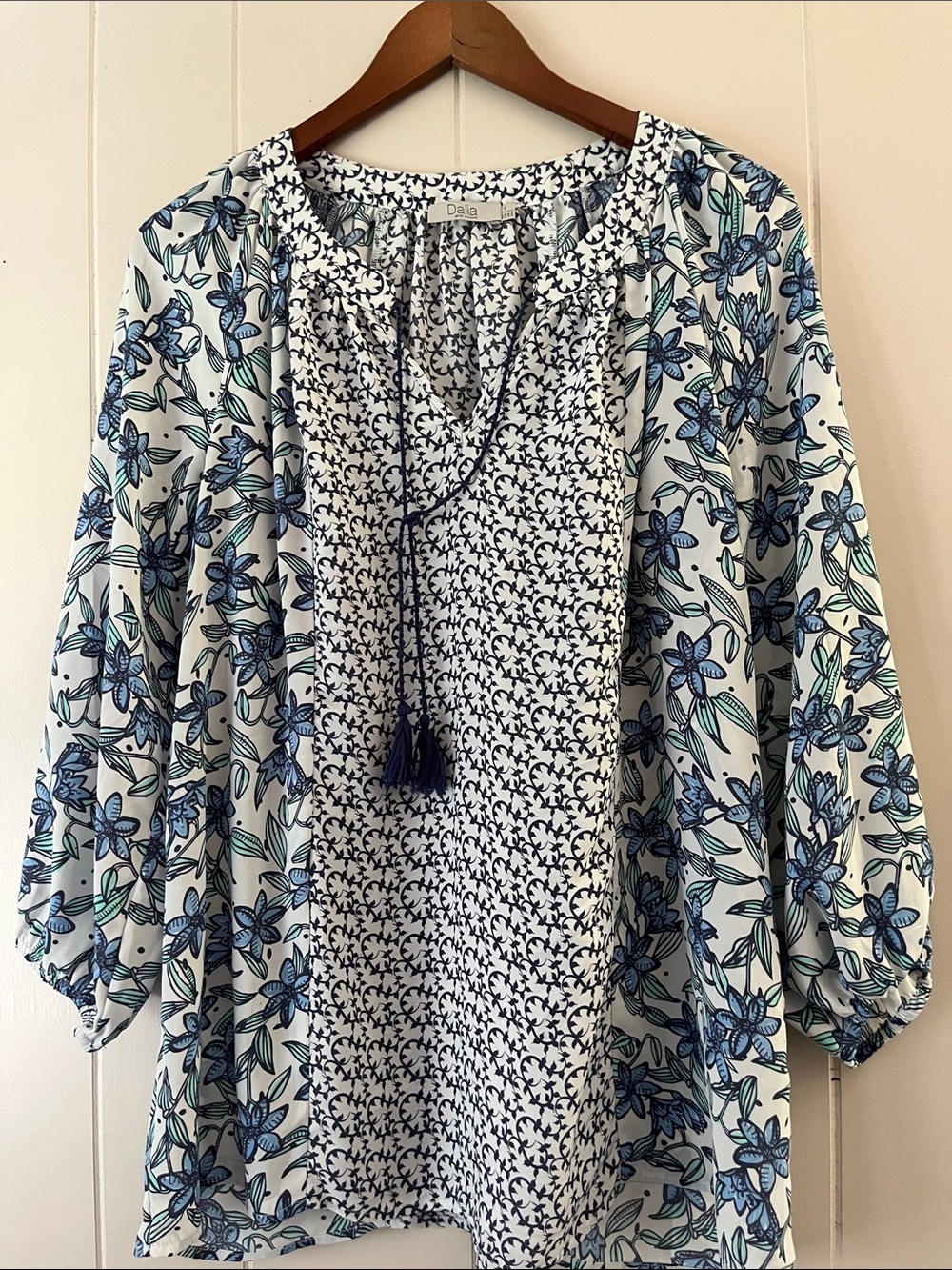 Dalia White and Blue Floral Tunic with Tassel Tie